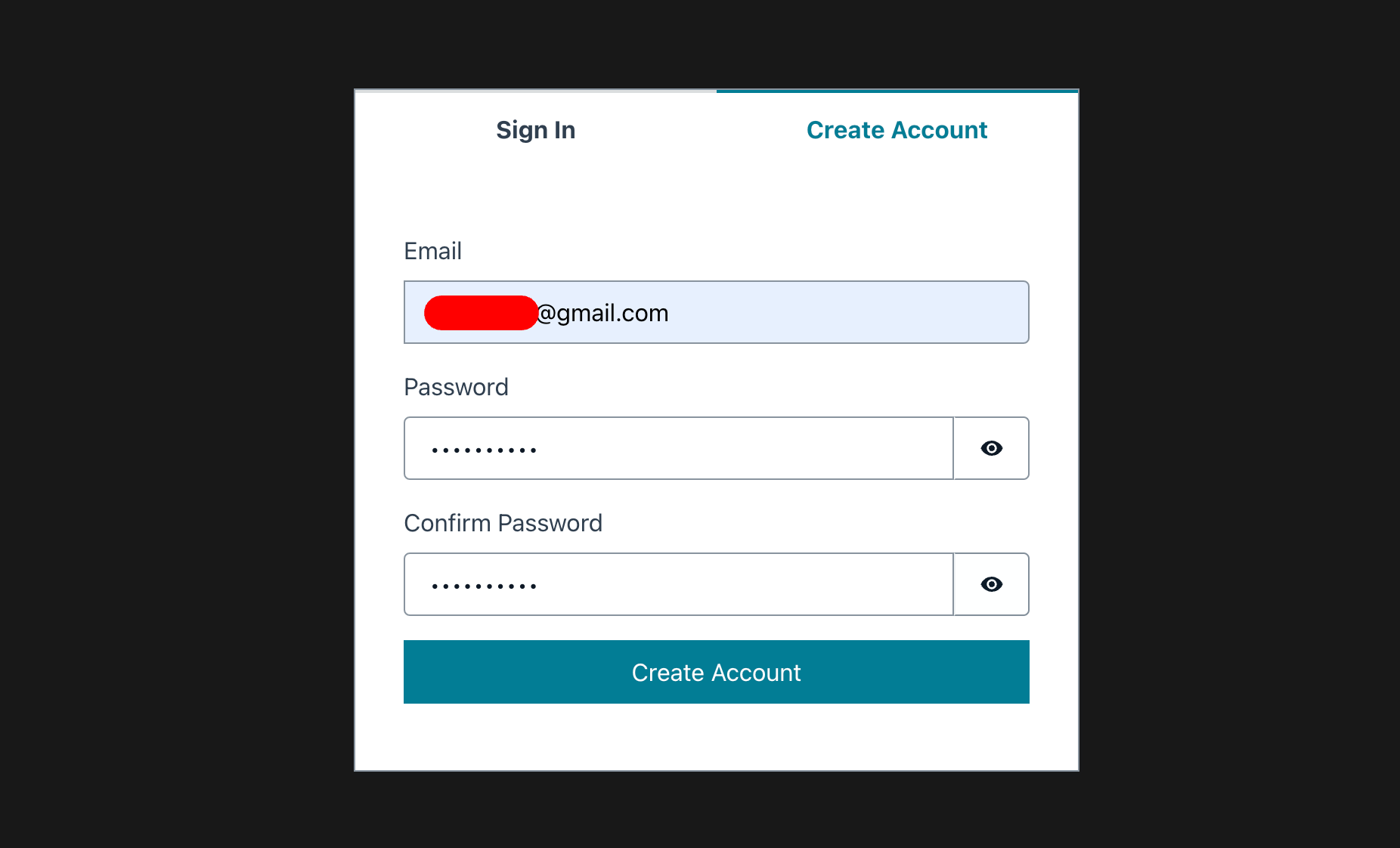 Create account screen